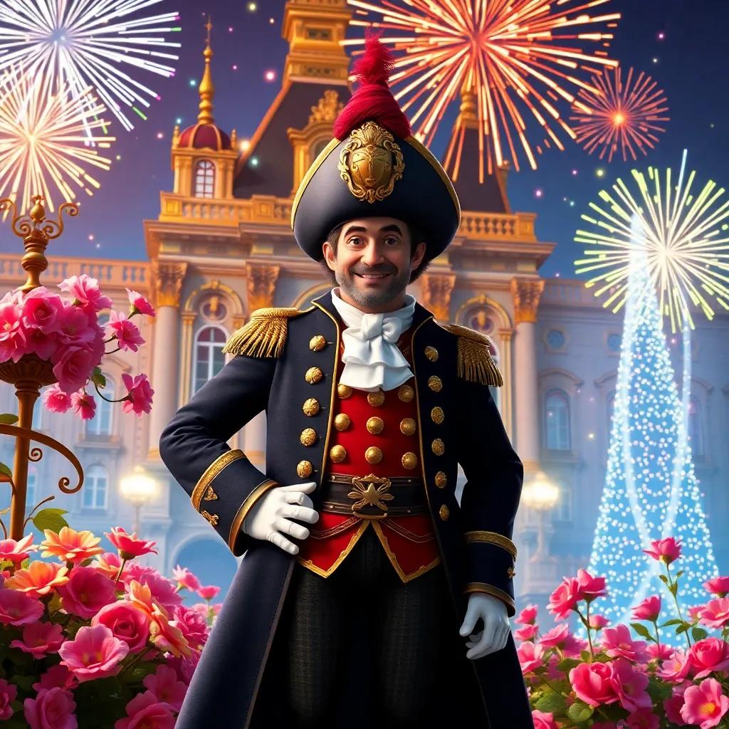 Nicolas Fouquet standing proudly in his beautiful palace, surrounded by blooming flowers and sparkling fireworks, vibrant colors, festive and enchanting, high quality