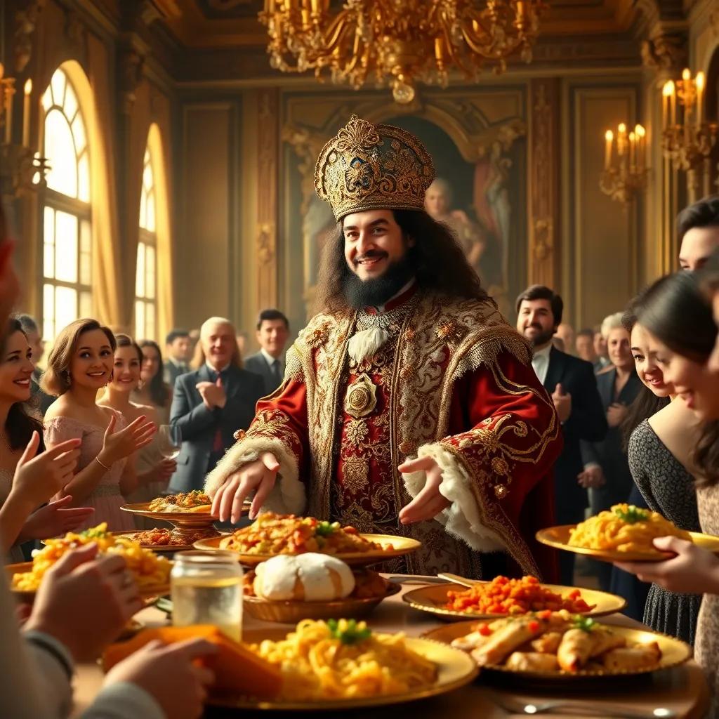 King Louis XIV arriving in a splendid outfit, guests gasping and smiling, delicious food on golden plates, warm evening light, cheerful, high quality
