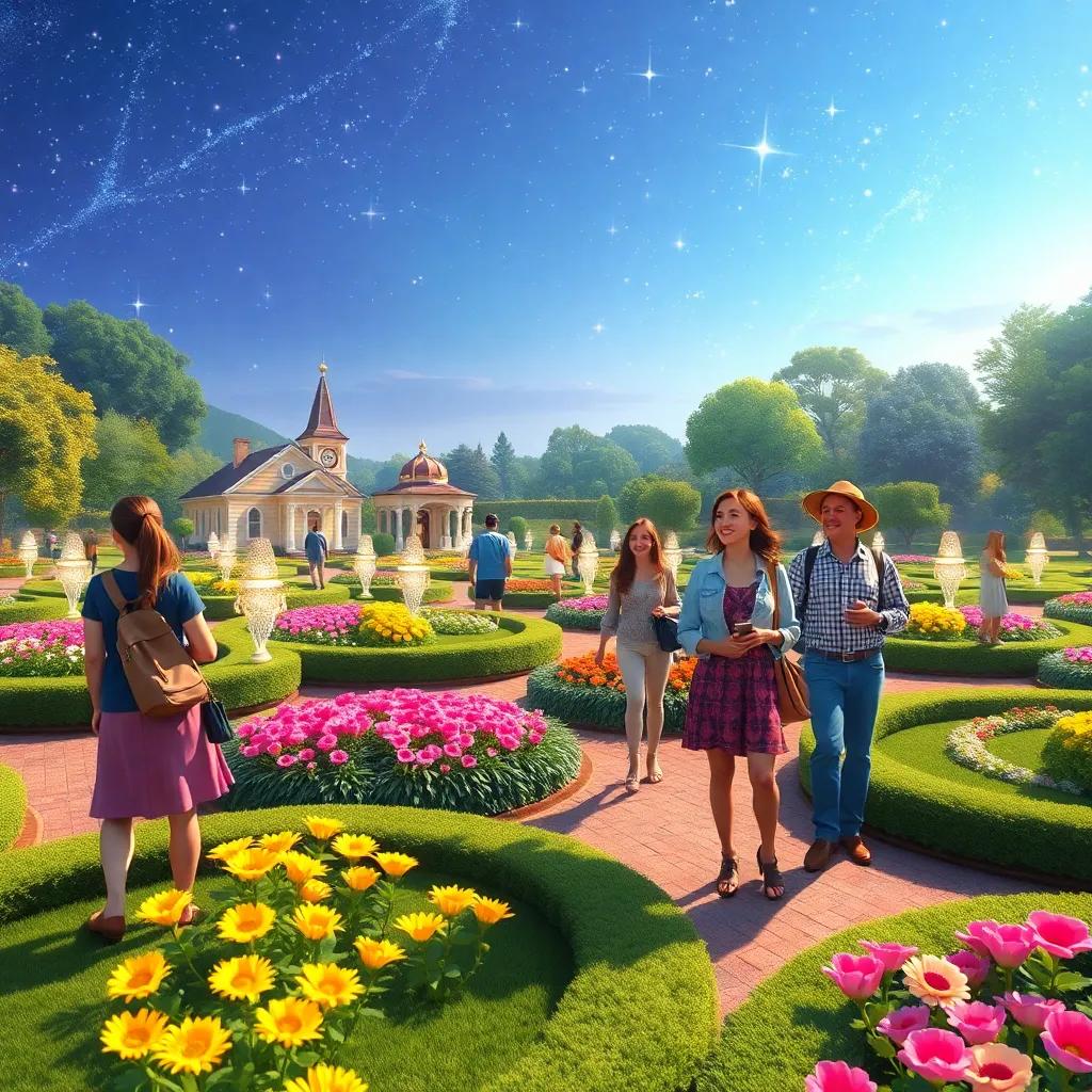 Guests exploring the breathtaking gardens with perfectly shaped flowerbeds, twinkling under the stars, laughter and joy in the air, whimsical and vivid colors, high quality