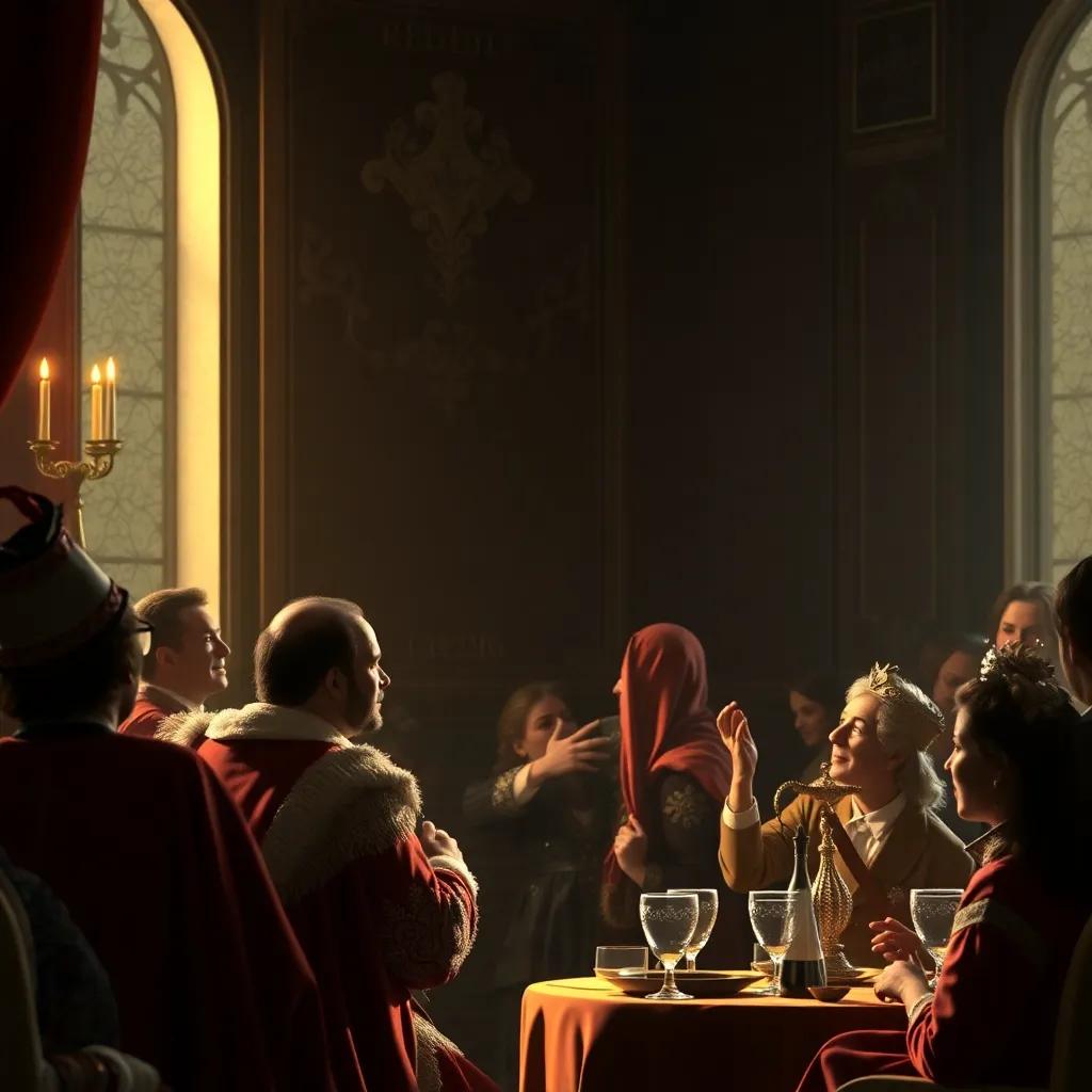 King Louis XIV looking jealous in the corner watching Fouquet, feeling smaller as guests cheer for Fouquet, shadowy light on the king, contrasting feelings, high quality