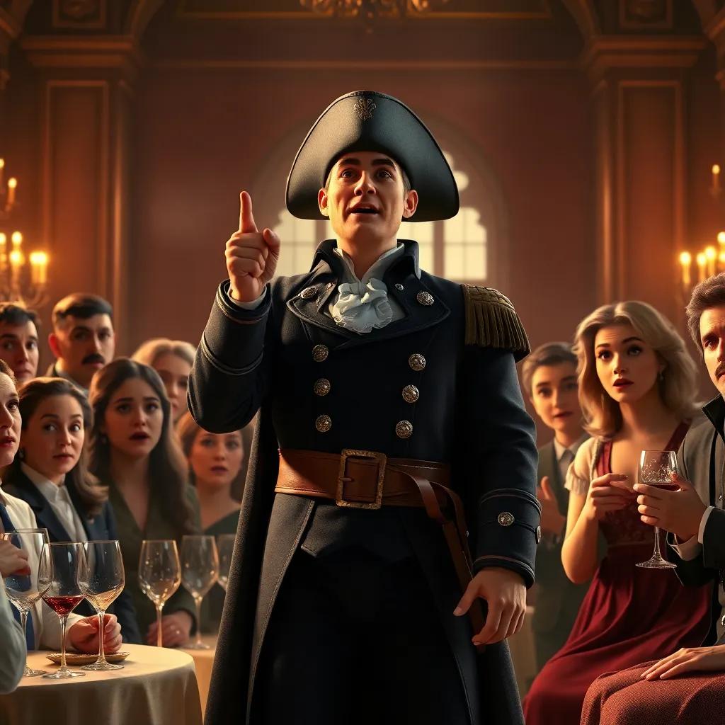 D’Artagnan standing firmly declaring the arrest of Fouquet, shocked expressions on the guests' faces, dramatic lighting highlighting the tension, high quality