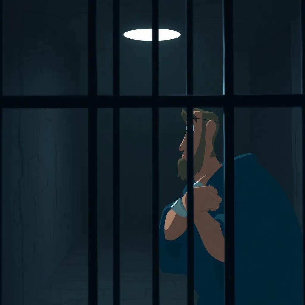 Fouquet in a lonely prison cell, looking out with sadness, reflecting on his life choices, dim lighting, muted colors, high quality