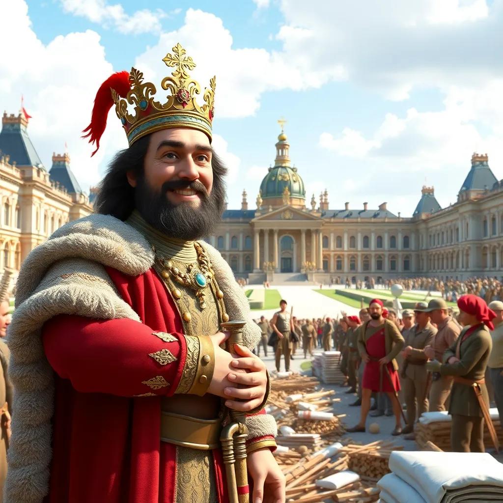 King Louis XIV building Versailles, surrounded by workers collecting materials and creating grand structures, bright colors, beaming with pride, high quality