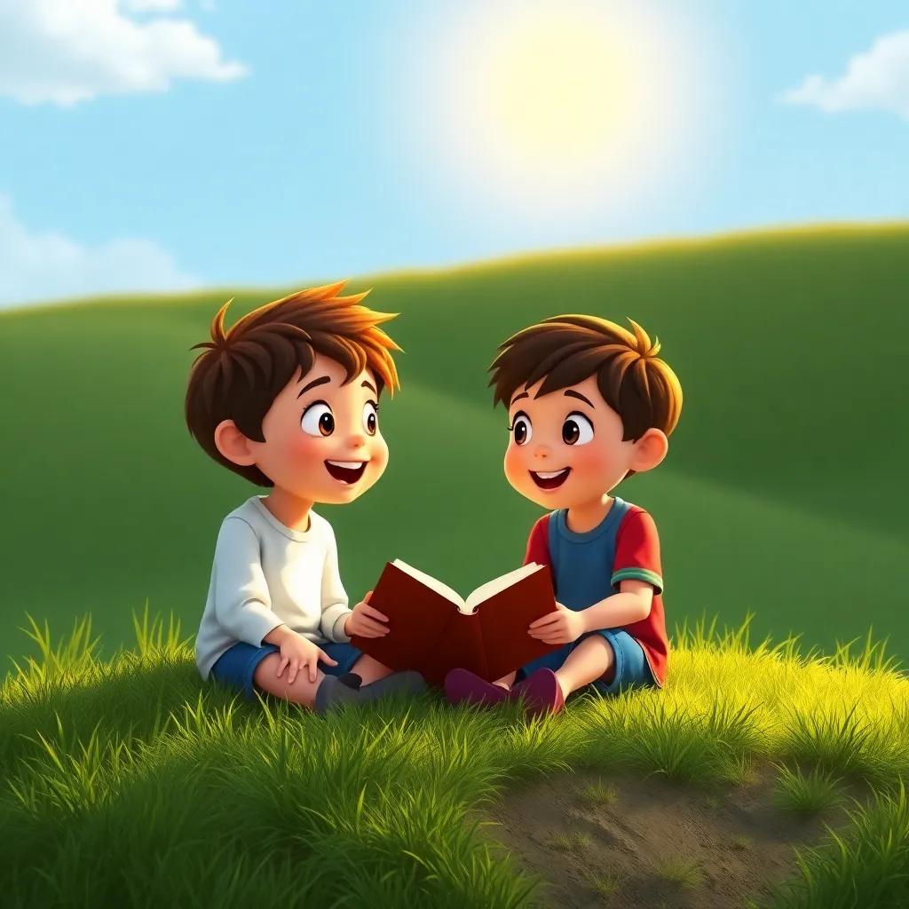 Two children talking about the lesson of the story, sitting on a grassy hill, sun shining above, playful and relaxed atmosphere, high quality