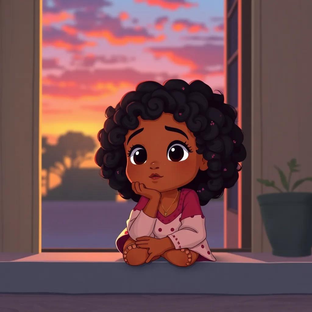 A young Algerian girl, Amara, with curly black hair and warm brown skin, sitting on her doorstep with a thoughtful expression, during a sunset sky with vibrant colors, illustration, peaceful, family-friendly, childlike innocence