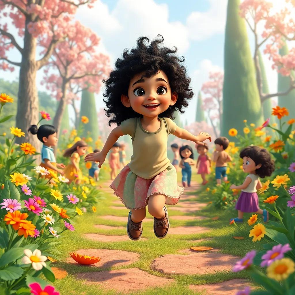 Amara, a young Algerian girl with curly black hair, running joyfully in a colorful garden with children from diverse backgrounds, playing games surrounded by bright flowers and tall trees, illustration, joyful atmosphere, colorful, vibrant, magical