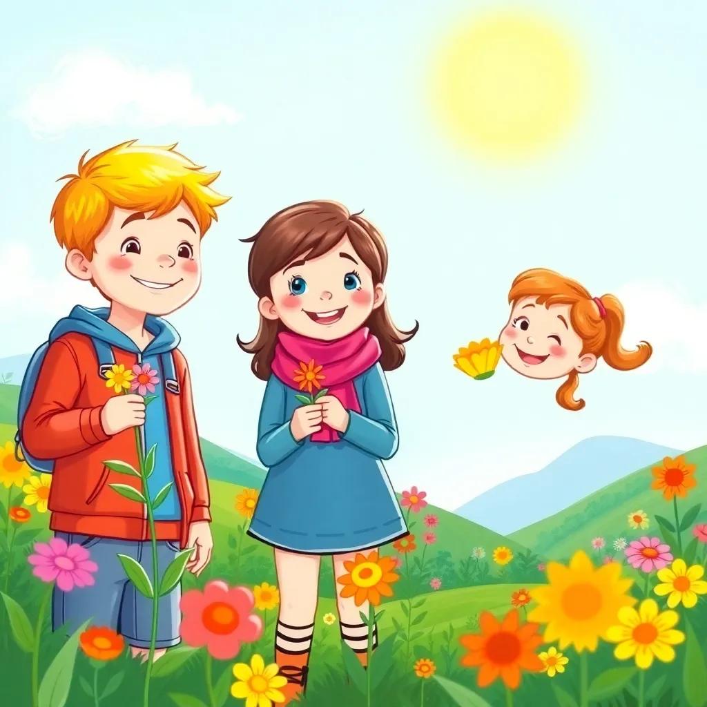 Two children, Sam and Anna, happily showing flowers to their friends in the garden, smiles on their faces, a bright blue sky above, colorful landscape, friendly gathering, lively illustration, joyful and uplifting vibe