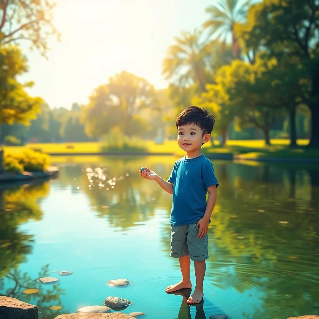 A peaceful pond in a park during a bright morning, with Sam, a young boy of Asian descent in a blue t-shirt and shorts, standing with a smooth pebble in hand, excitedly ready to toss it in, sunlight sparkling on the water, digital art, warm colors, inviting atmosphere, high quality
