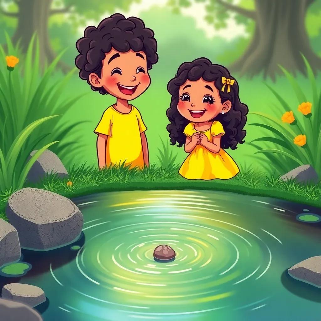 Mia, a young girl of Hispanic descent with curly hair in a yellow dress, giggling beside Sam as she watches the pebble splash into the water, ripples expanding outward, greenery surrounding the pond, cheerful expression, illustration, vibrant colors, engaging scene, high quality