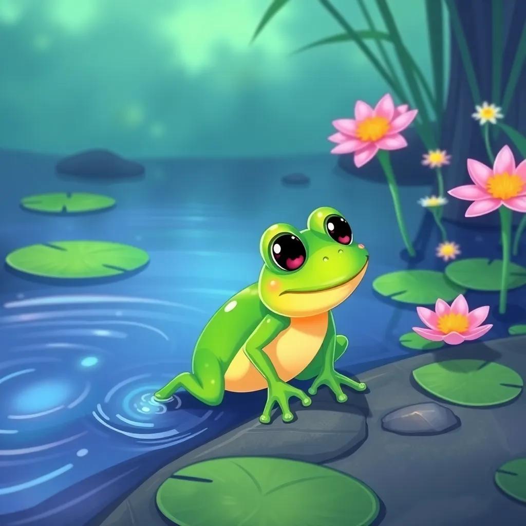 Fred, a curious green frog, hopping closer to the pond’s edge, looking amazed at the rippling water, lily pads nearby with bright flowers, playful atmosphere, digital illustration, cheerful and vibrant, high quality