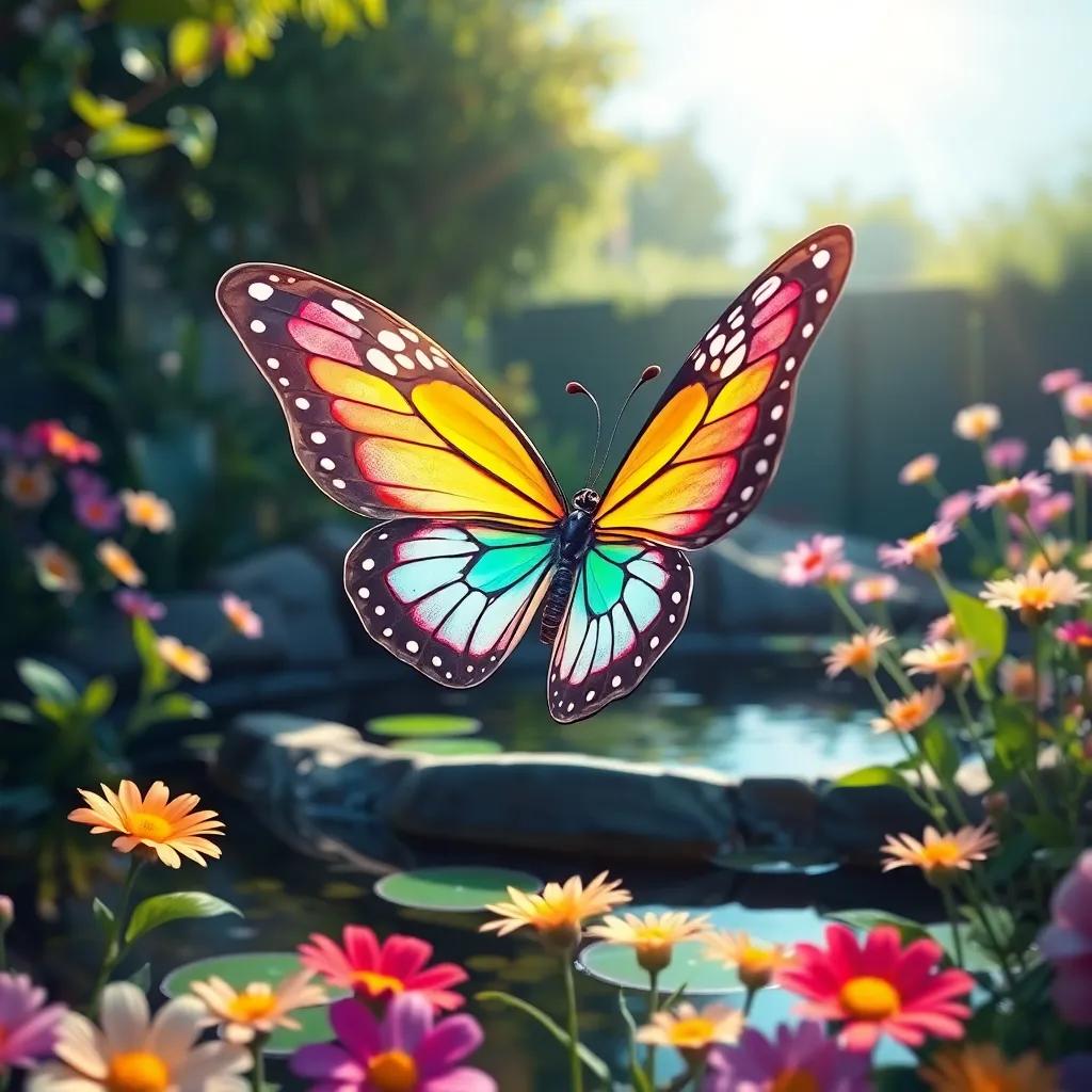 Bella, a beautiful butterfly with colorful wings, flying around the pond area, looking excited as she hears about the ripples and kindness, surrounded by flowers on a sunny day, bright colors, cheerful, high quality