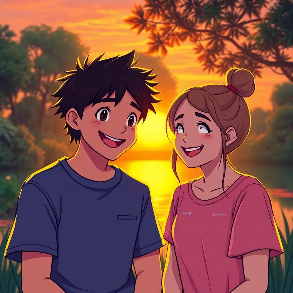 Sam and Mia with big smiles, discussing the importance of kindness, the sun setting behind them casting an orange glow over the pond, soft light, glowing colors, happy atmosphere, high quality