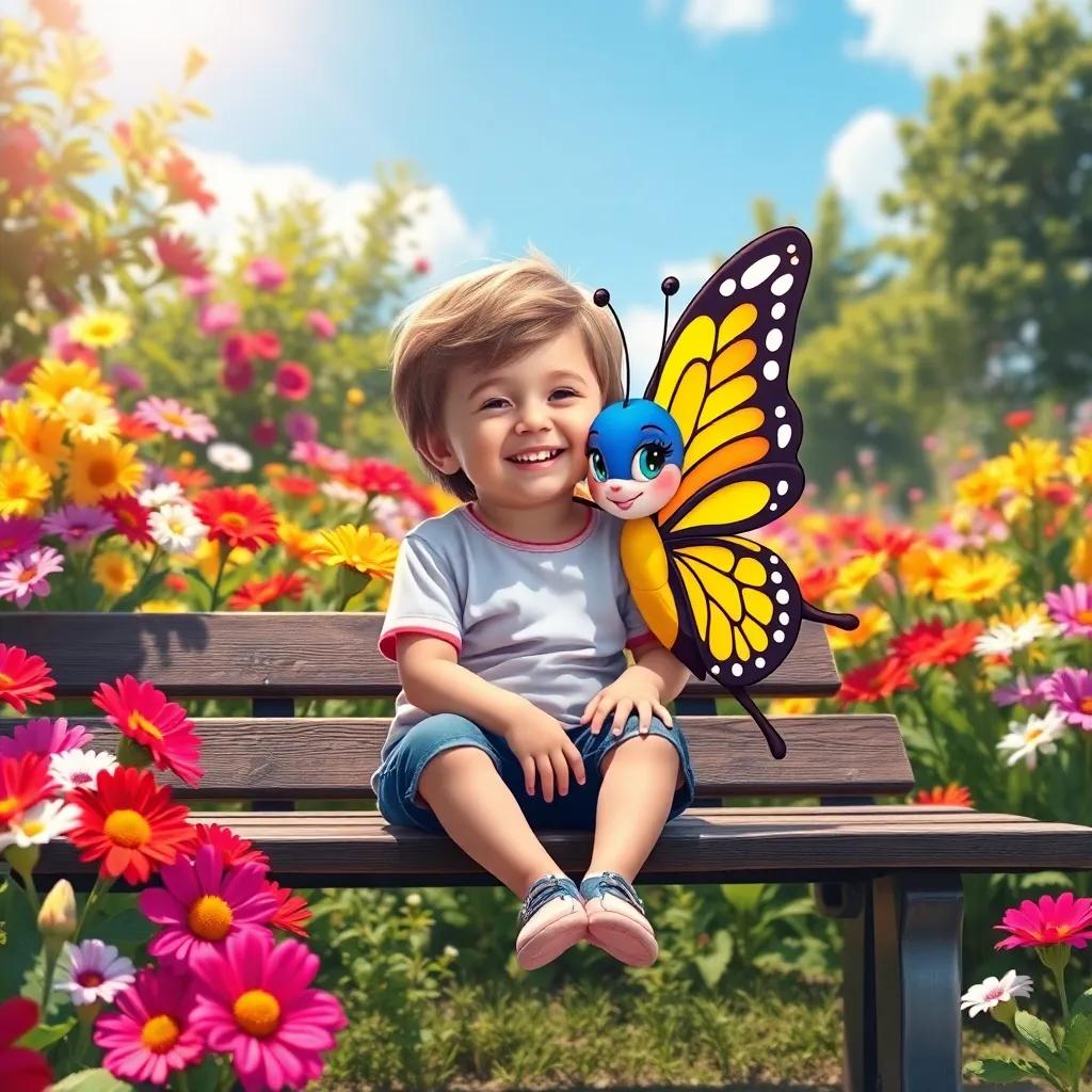A child sitting on a bench with Bella the Butterfly on their shoulder, smiling and feeling cheerful, surrounded by colorful flowers, beautiful sunny day, bright colors, warm atmosphere, high quality