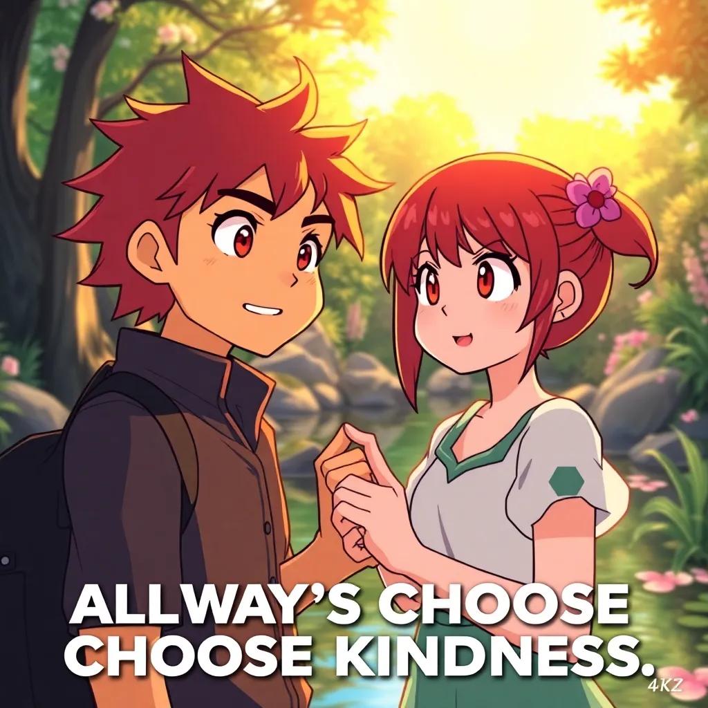 Sam and Mia with determined expressions, making a promise to always choose kindness, the background showing the pond with nature in full bloom, bright sunlight, vibrant colors, high quality