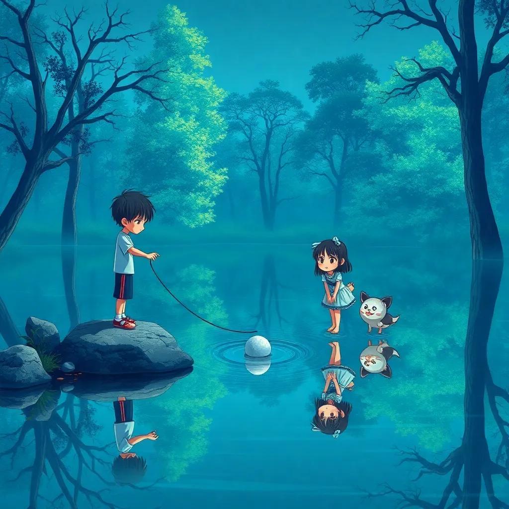 Sam preparing to toss the pebble again, Mia watching eagerly, the pond calm and still with reflections of trees, peaceful atmosphere, high quality