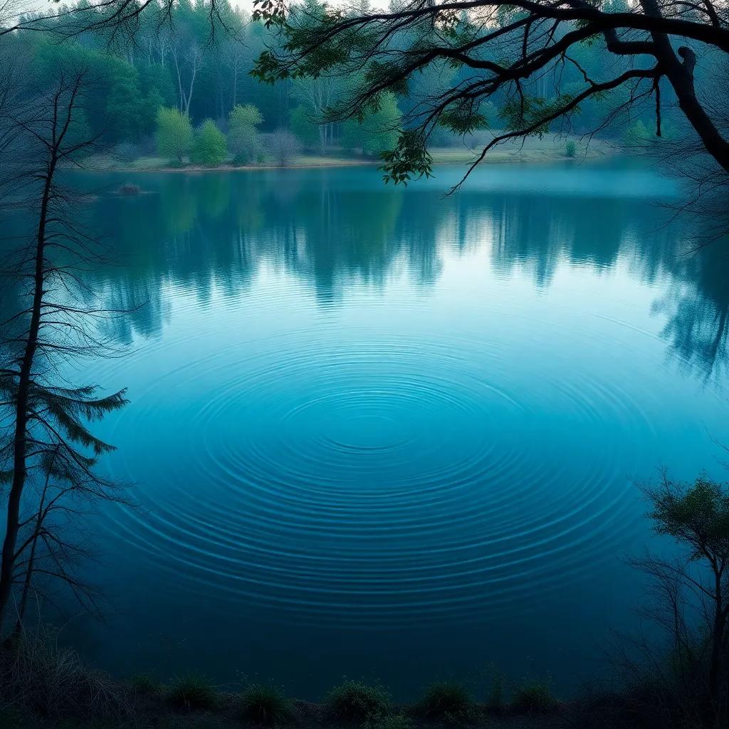 A wide view of the pond with the ripples spreading out, surrounded by trees and wildlife, representing the beauty of nature, tranquil and serene, evening light, high quality