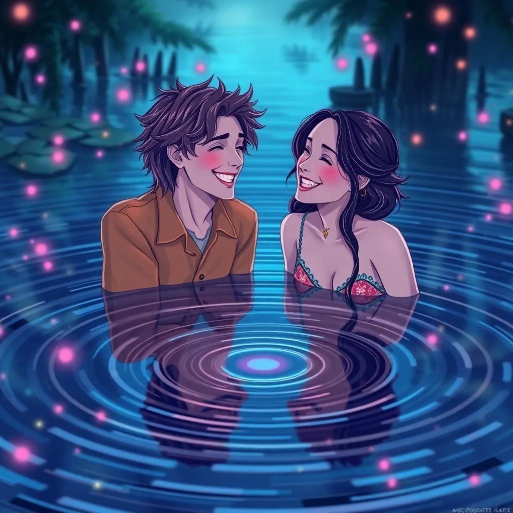 Sam and Mia together, laughing joyfully, with ripples in the pond creating a visually captivating pattern of circles, enchanted atmosphere, high quality