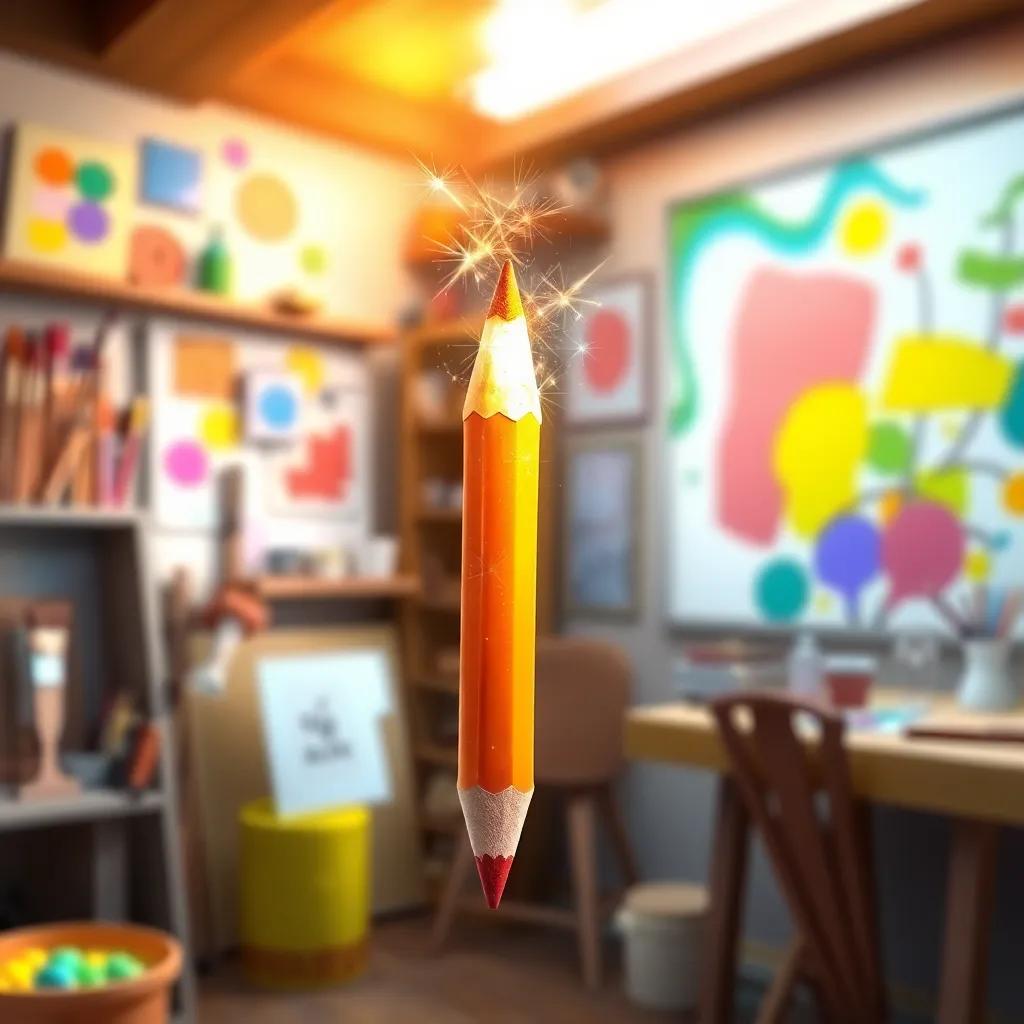 A magical pencil named Spark, bright and shiny with a golden tip, in a colorful art room filled with paints and brushes, warm light, child-friendly, detailed, inviting atmosphere