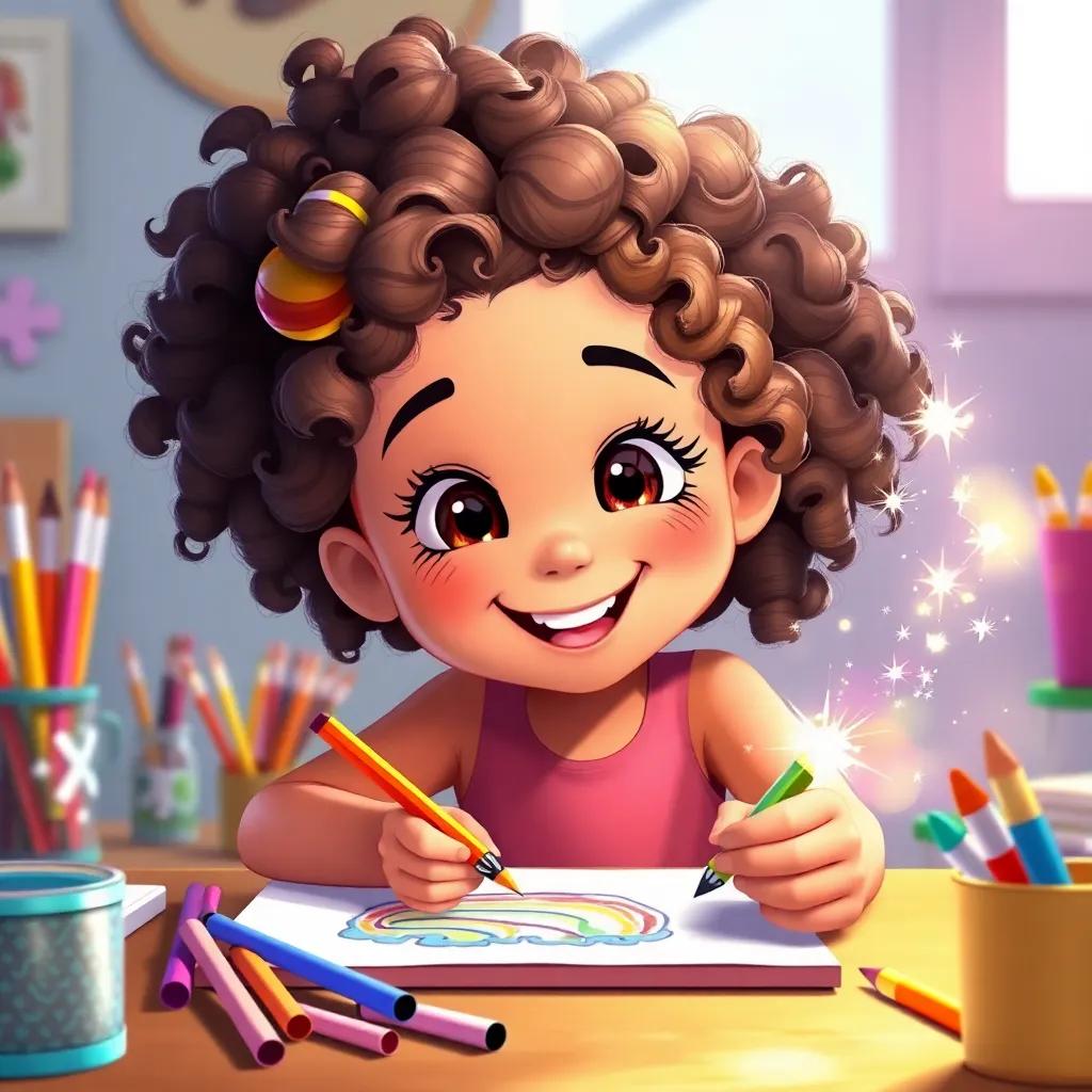 A cheerful girl Mia with curly hair, drawing a vibrant rainbow with Spark on paper, colorful art supplies around, bright daylight, happy and imaginative