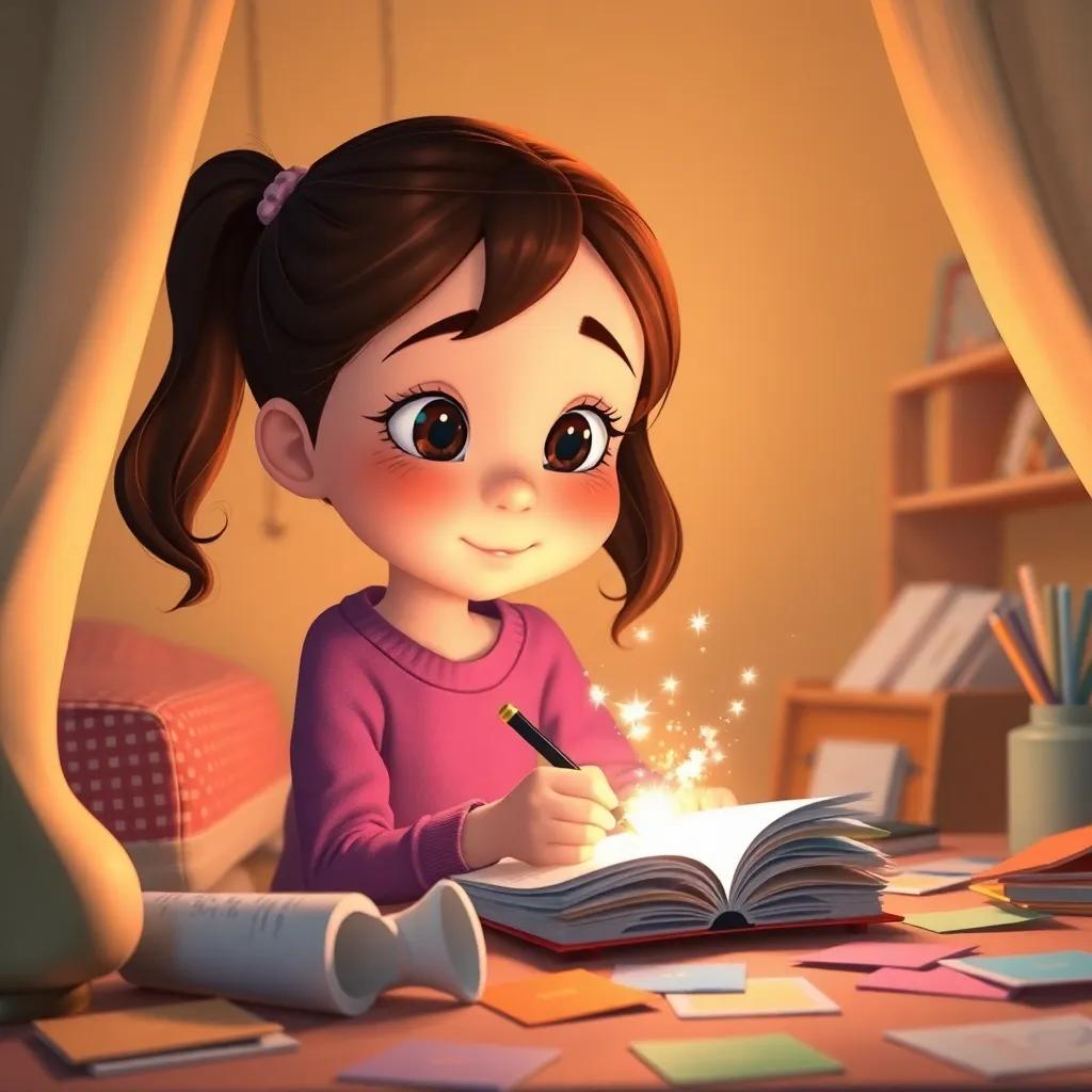 A shy girl Ava, with pigtails, creating a cozy home drawing with Spark, a warm light glowing, colorful papers scattered around, uplifting and encouraging atmosphere