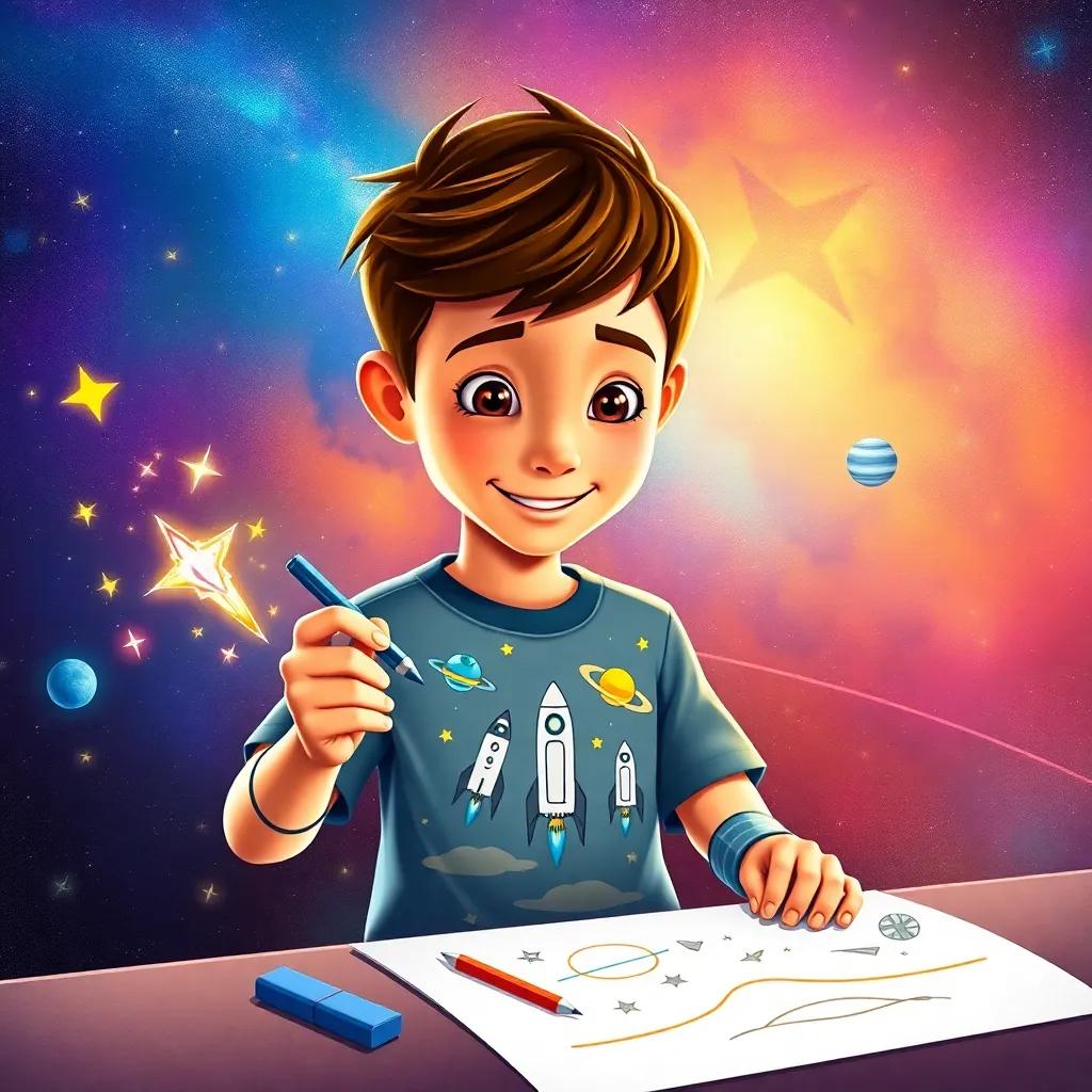 A boy Jack, wearing a space-themed shirt, drawing rockets and planets with Spark, surrounded by stars and a colorful galaxy, inspiring and adventurous