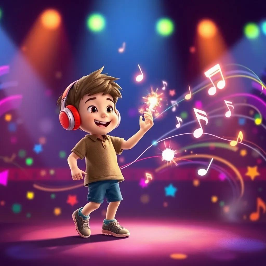 A boy Sam, wearing headphones, drawing musical notes dancing on a stage with Spark, vibrant colors swirling around, joyful and rhythmic atmosphere
