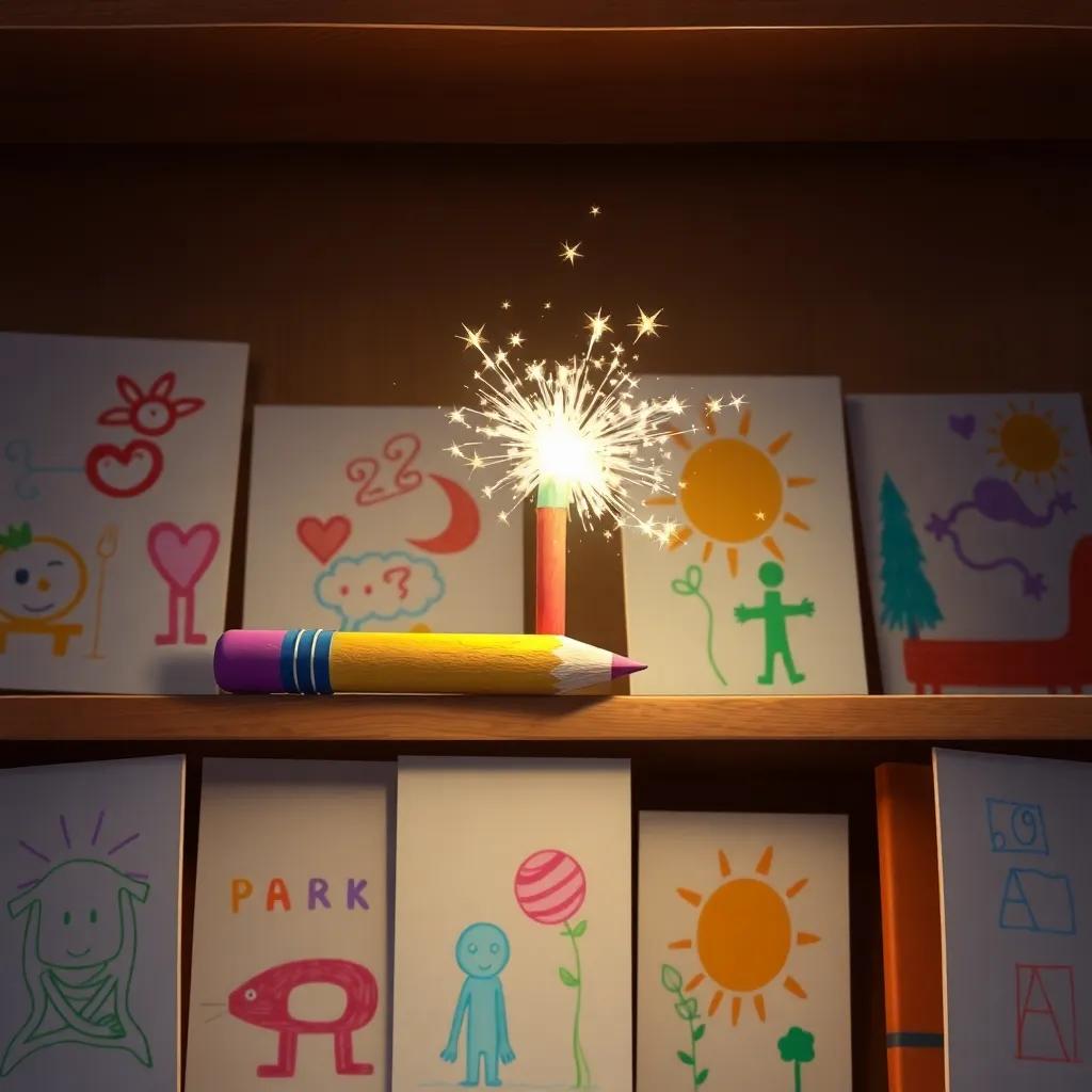 Spark the magical pencil, resting on a shelf filled with colorful drawings from children, warm light, showcasing creativity and inspiration, heartwarming scene