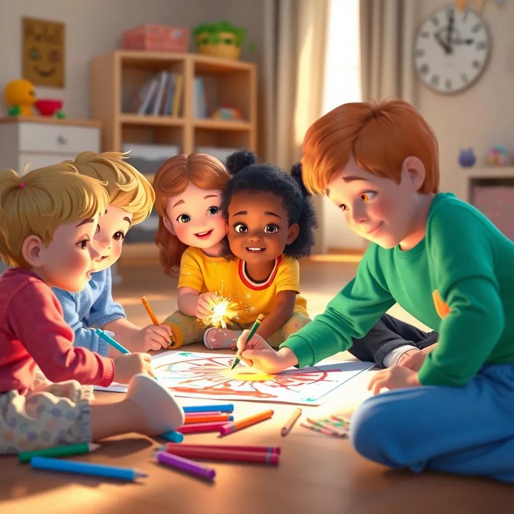 A child-friendly picture of different children of various backgrounds drawing and creating art with Spark, on a sunlit playroom floor, lively and imaginative