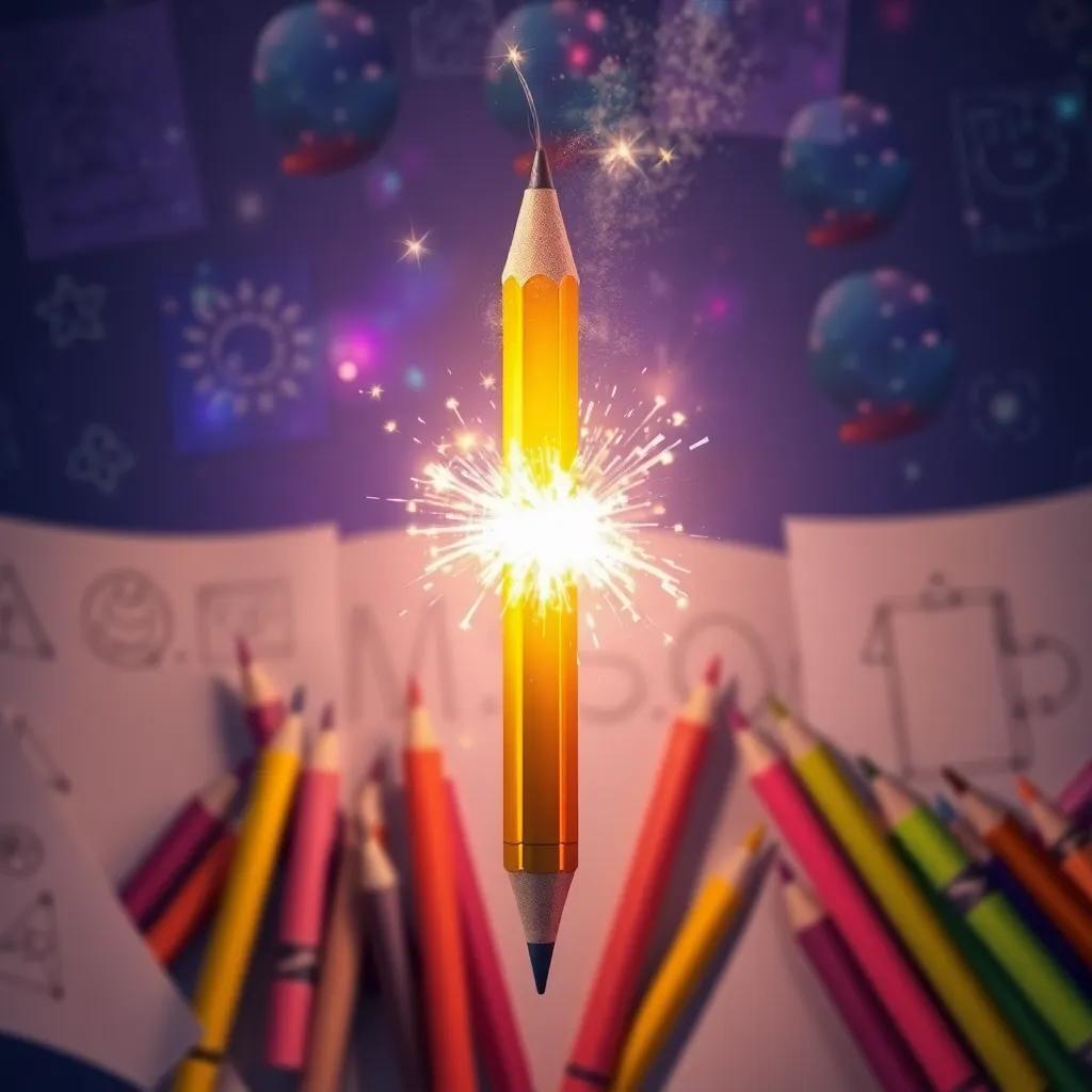 A glowing pencil, Spark, surrounded by sketches and crayon drawings representing dreams, creativity and joy, dreamy atmosphere, colorful and imaginative