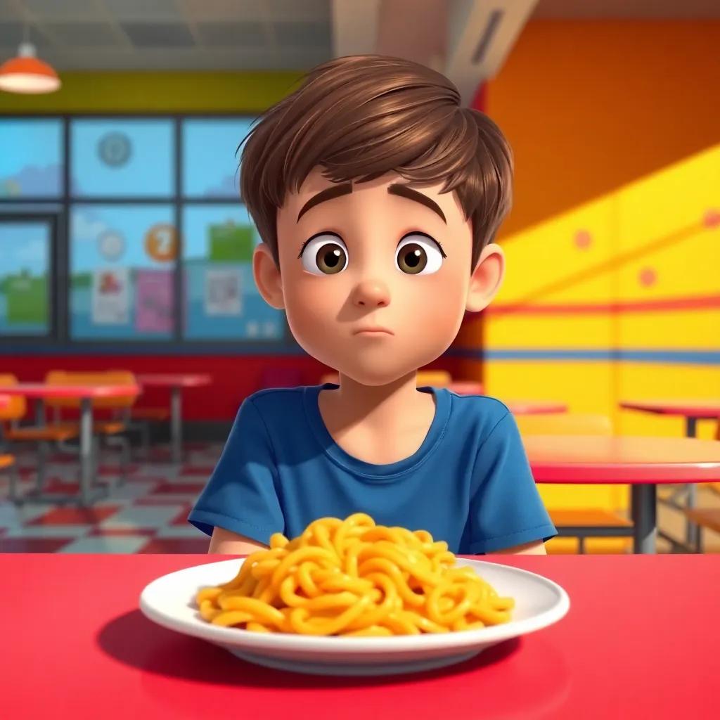 A young boy, Max, with short brown hair and wearing a simple blue t-shirt, sitting alone at a lunch table with a plain plate of pasta, looking sad, vibrant school cafeteria backdrop, digital art, cheerful colors, inviting atmosphere, high quality