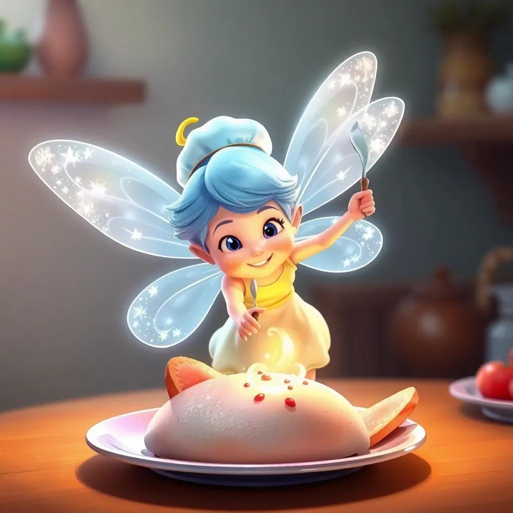 A cooking fairy, Faye, with sparkling wings and a friendly smile, hovering above Max's plate, light shimmering around her wand, magical aura surrounding, colorful atmosphere, illustration, whimsical style, high quality