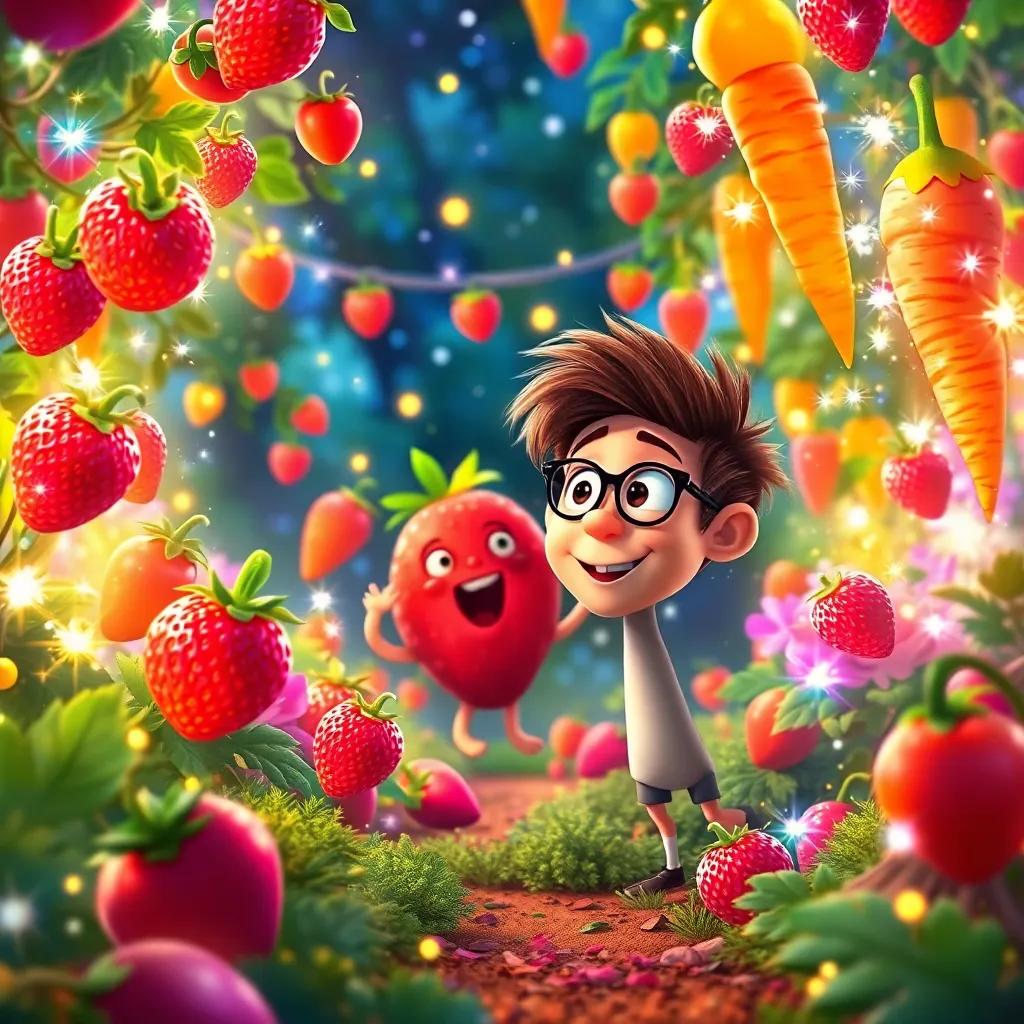 A magical Garden of Flavors, with dancing strawberries and singing carrots, vibrant colors and sparkling lights everywhere, Max looking excited and curious, lush backdrop, digital painting, vivid, fun, high quality
