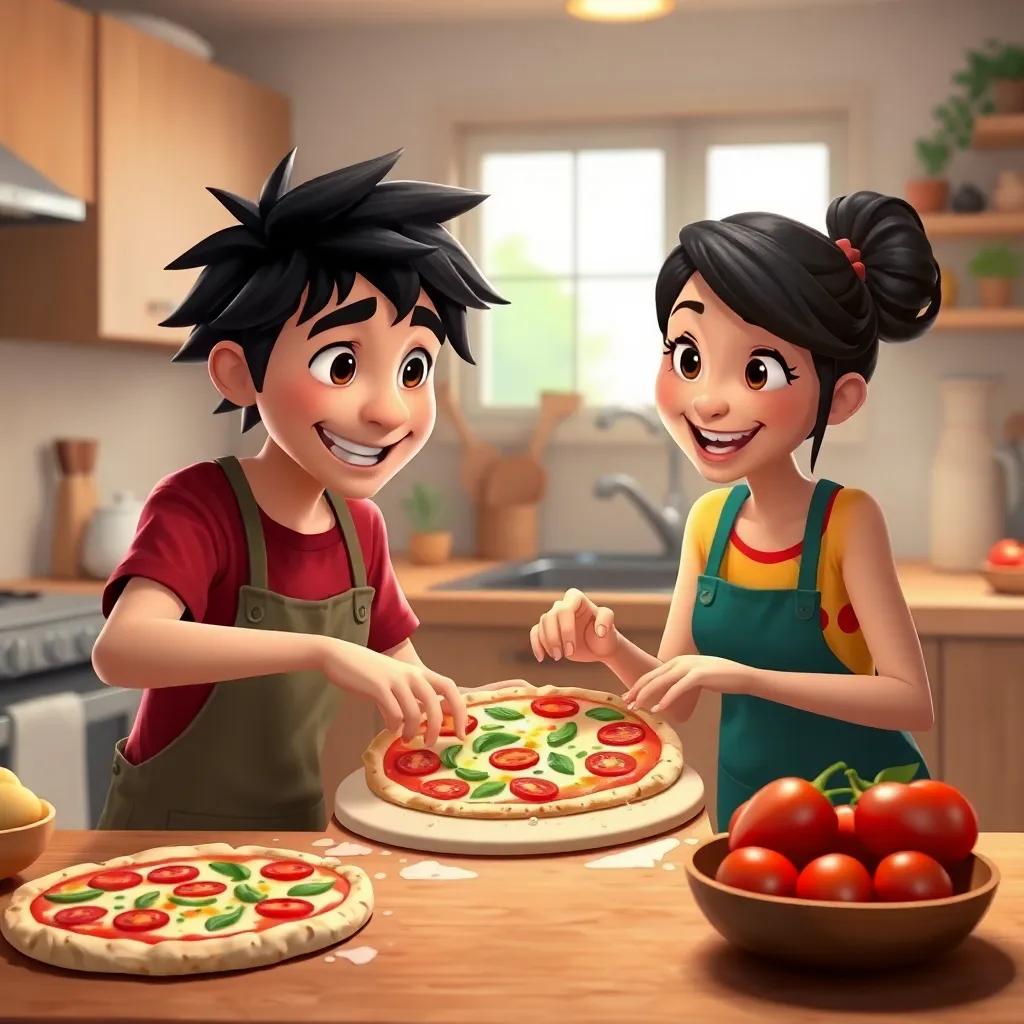 Max and Faye making veggie pizza together, kneading dough and adding toppings like fresh tomatoes and peppers, warm kitchen space, rich colors and joyful expressions, digital art, engaging, high quality