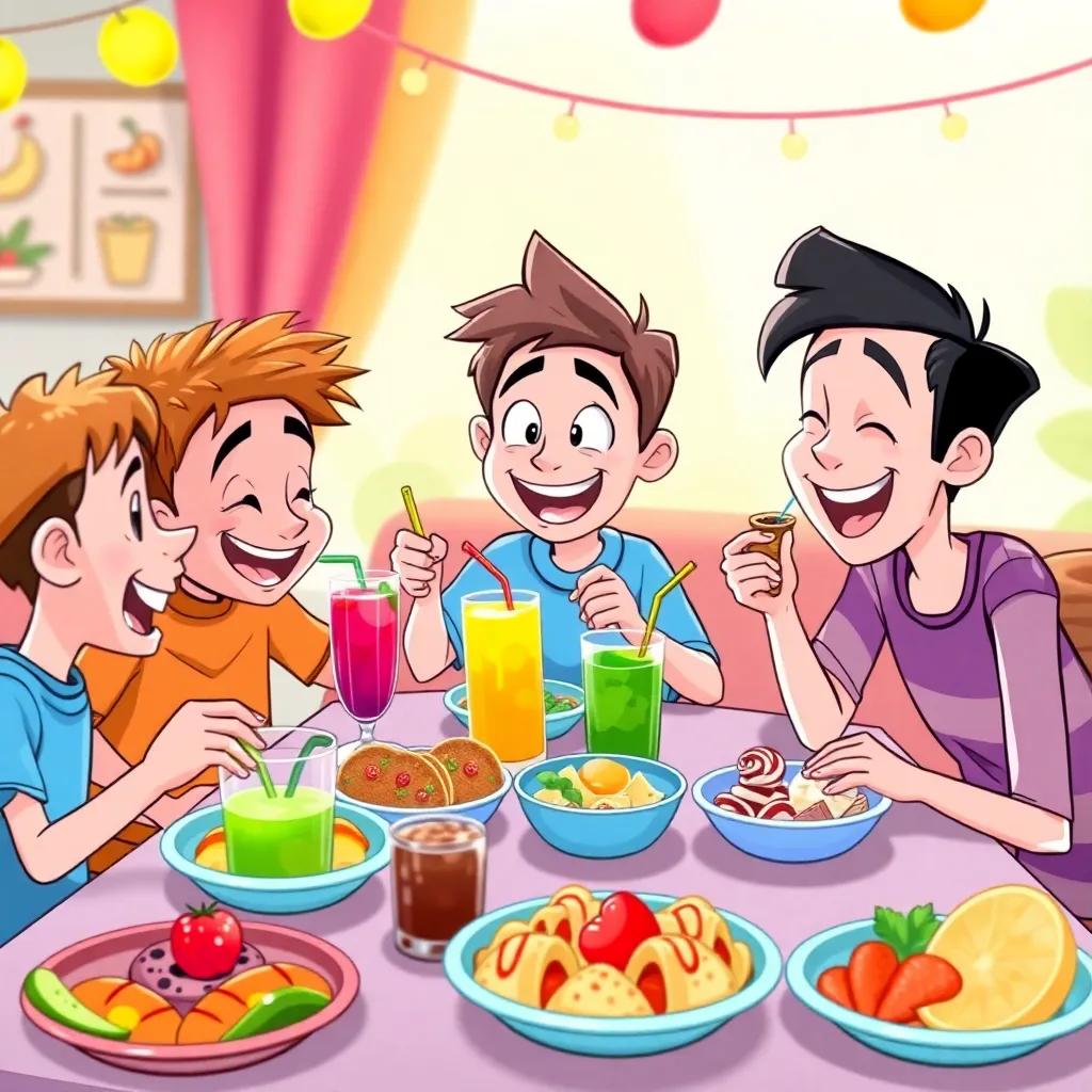 Max and new friends enjoying a colorful food taste test, smiling and laughing around a table with dishes of smoothies, tacos, and desserts, lively party atmosphere, bright and cheerful, illustration, high quality