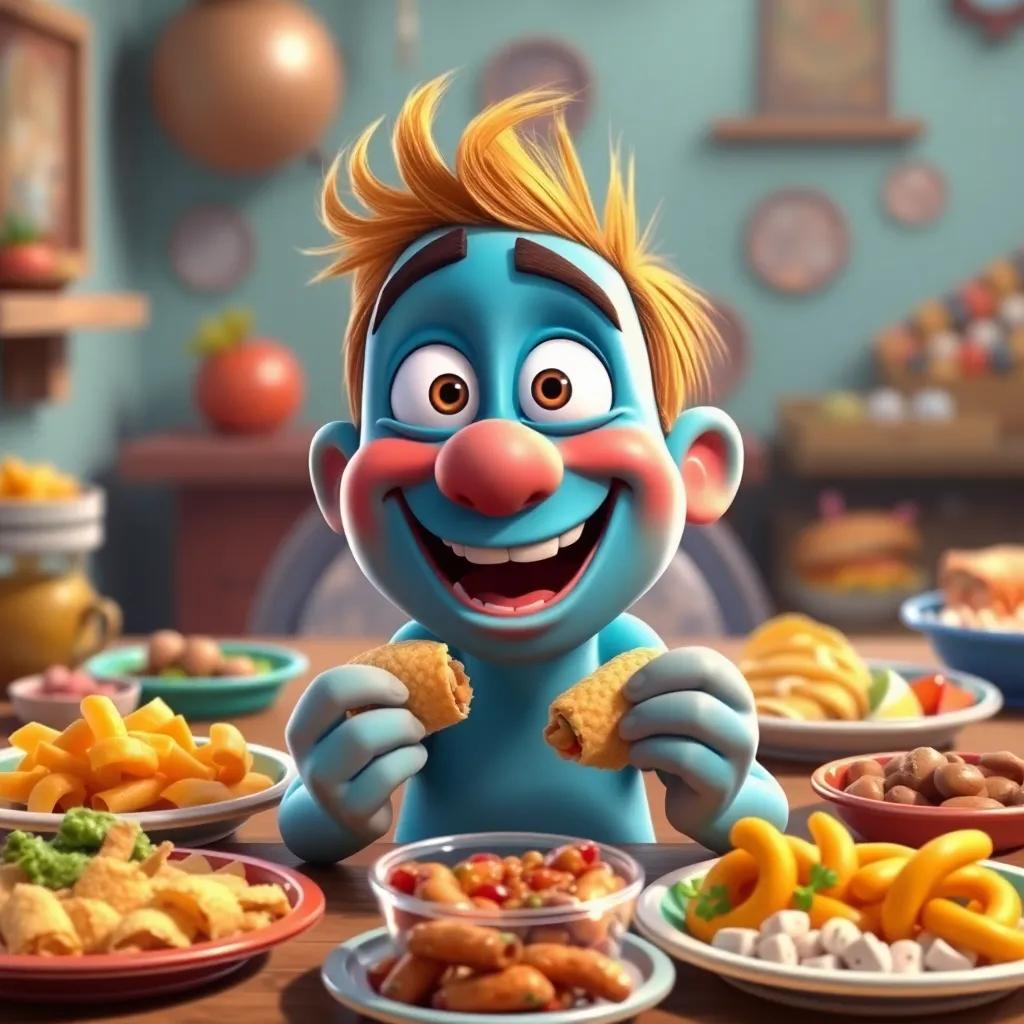Max trying various foods with smiles and surprises on his face, surrounded by colorful plates, showcasing adventurous food experiences, lively atmosphere, digital painting, fun, vibrant colors, high quality