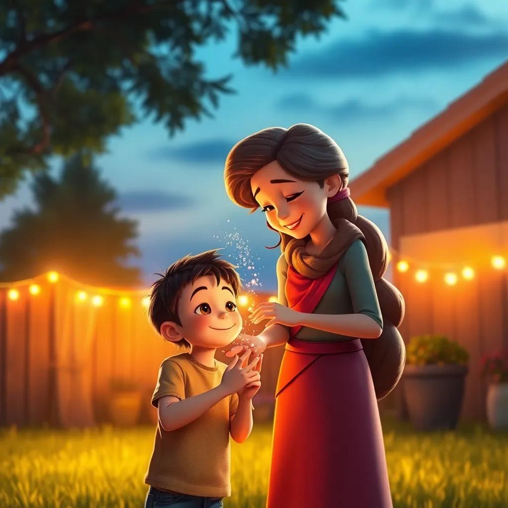 Faye sprinkling magic on Max, with a soft glow around them both, the sunset illuminating the scene with warmth and happiness, inspirational feelings, beautiful backyard setting, digital art, heartwarming, high quality