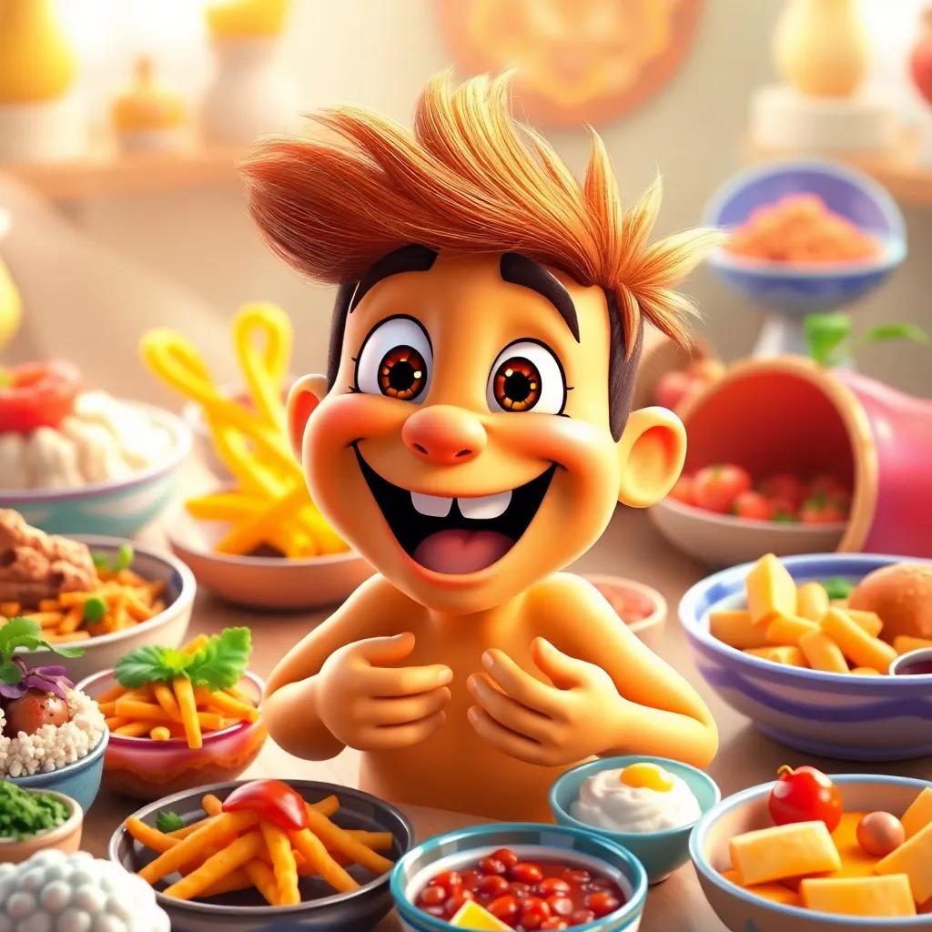 A joyful Max exploring new foods, representing his food journey with friends, vibrant and colorful dishes around him, magical and adventurous theme, happy expressions, digital art, themed food scene, high quality