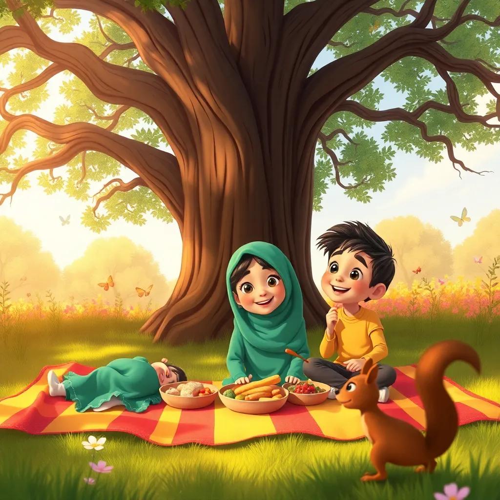 Sara and Malak, sitting on a colorful blanket under a big oak tree, both smiling and enjoying their picnic food, with butterflies and a curious squirrel nearby, illustration, warm light, bright colors, child-friendly, engaging perspective