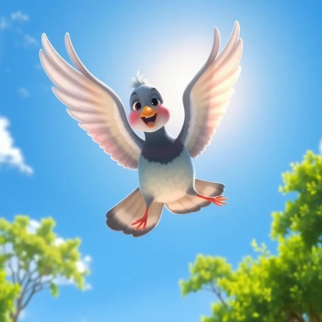 A brave pigeon, Polly, flying high in a sunny blue sky, shiny feathers gleaming, exploring over a green park, digital art, vibrant colors, cheerful atmosphere, high quality