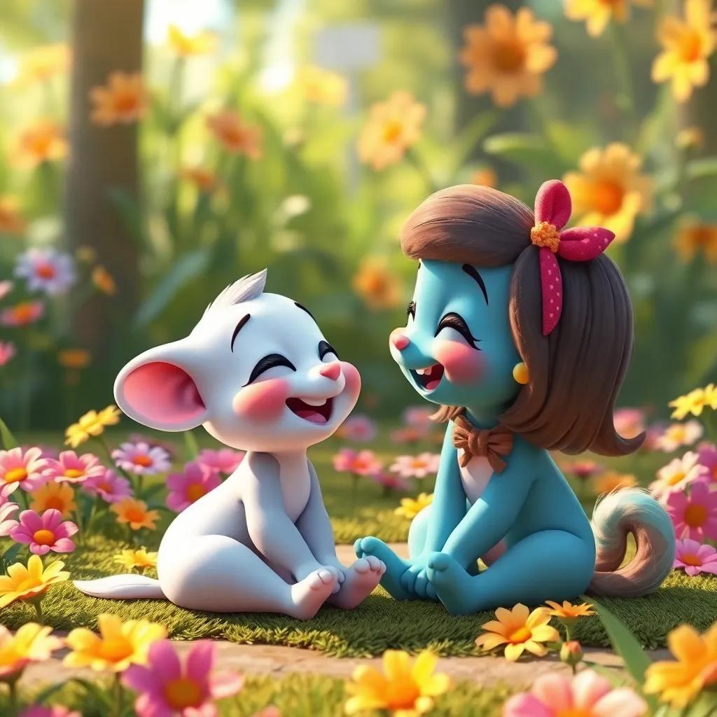 Polly and Cuddles talking and laughing together, Polly on the ground and Cuddles sitting close, colorful flowers around, playful and joyful scene, digital art, bright colors, inviting atmosphere, high quality