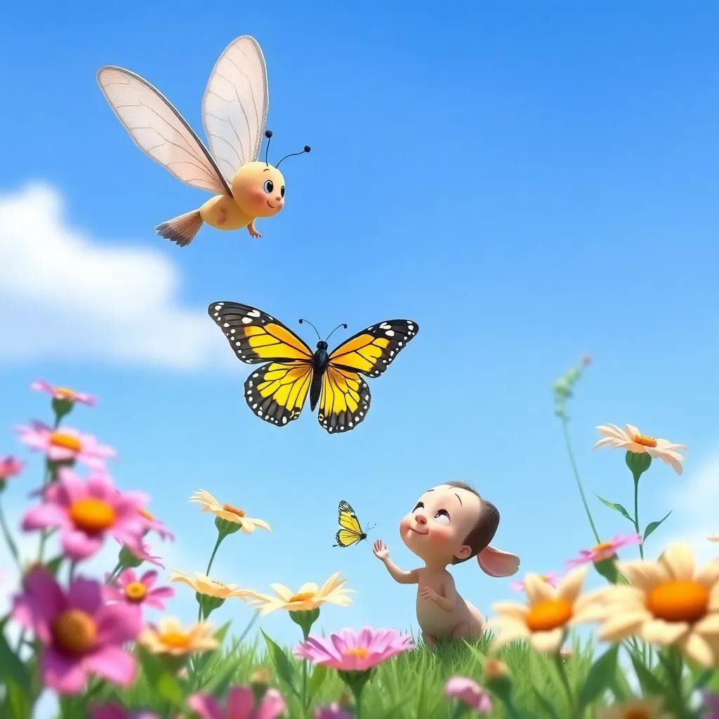 Polly flying high, looking down at a butterfly dancing among flowers, Cuddles on the ground, eager to catch it, detailed digital art, blue sky, bright and lively colors, high quality