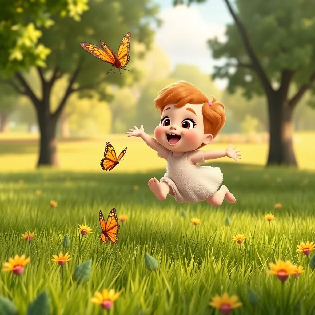 Cuddles jumping and chasing a butterfly in the grass, Polly flying low to guide her, a fun and adventurous scene in the park, digital art, warm colors, cheerful atmosphere, high quality
