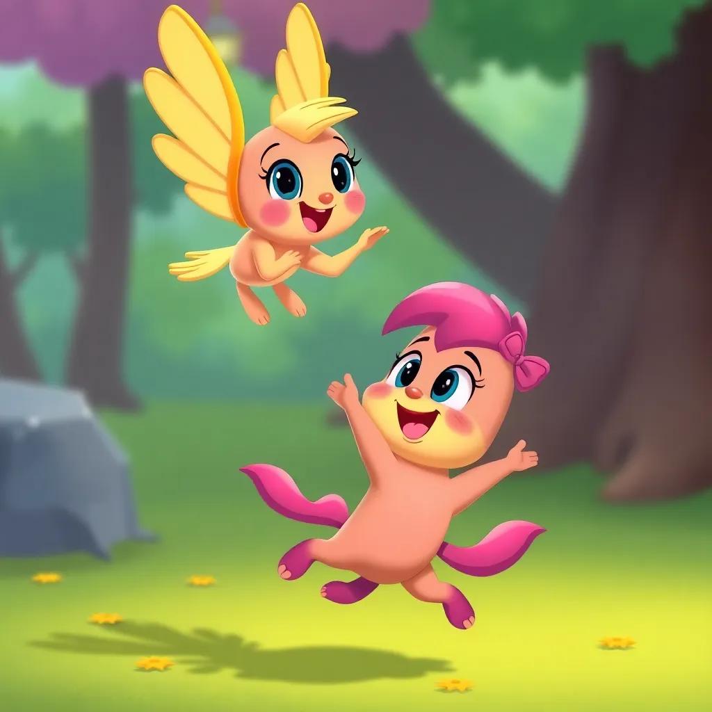 Polly and Cuddles working together, Polly flying above and Cuddles leaping below, showing teamwork and friendship, vibrant colors, joyful scene, digital illustration, high quality