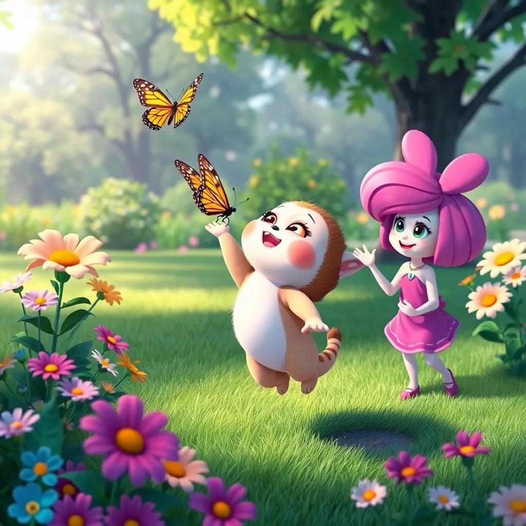 Cuddles finally catching the butterfly with a big leap, Polly cheering nearby, celebration in the park with flowers around, colorful digital art, happy atmosphere, high quality