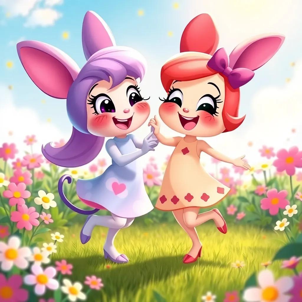 Polly and Cuddles dancing in celebration together, surrounded by flowers and sunshine, showing joy of friendship, bright and cheerful colors, digital painting, joyful scene, high quality