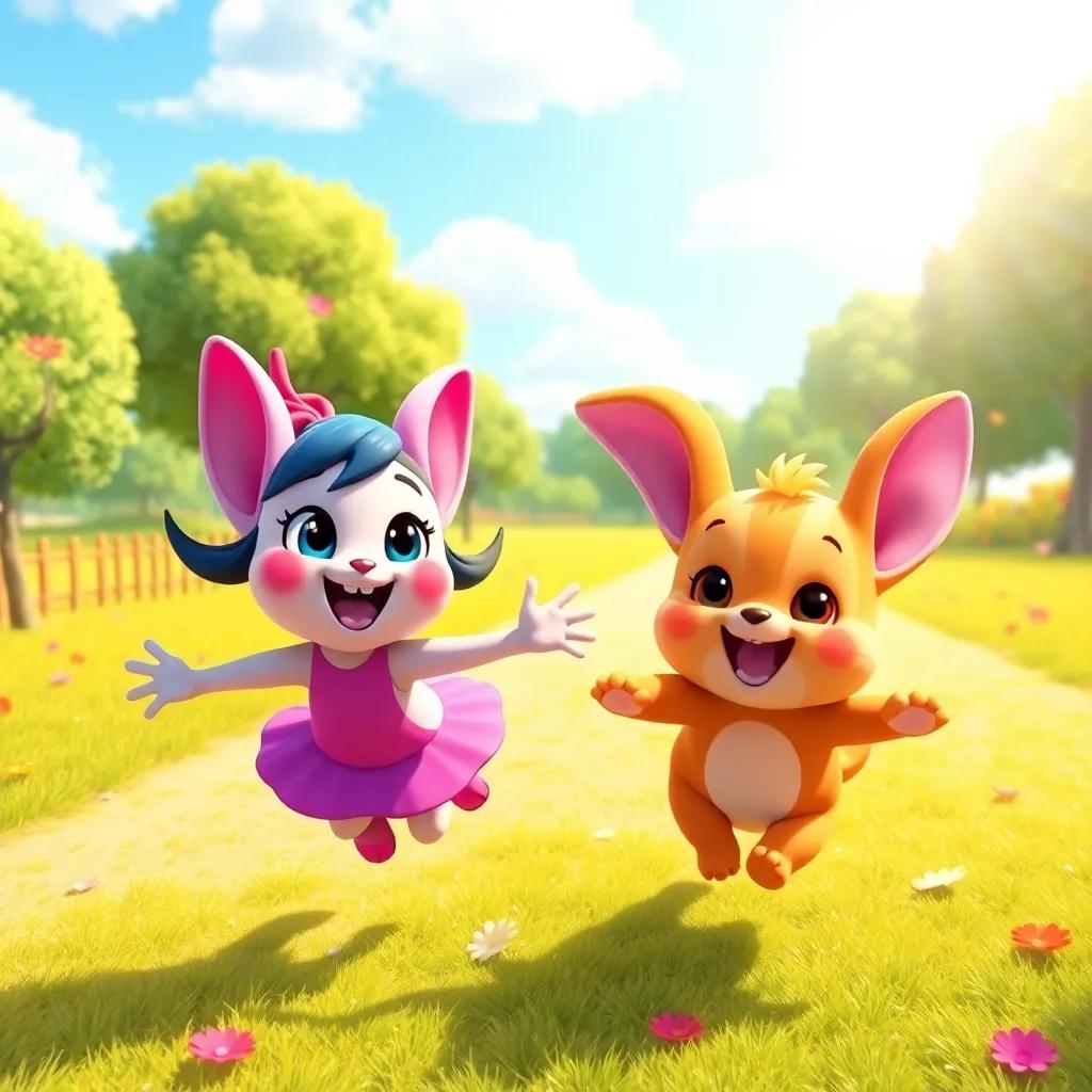Polly and Cuddles sharing adventures in the sunny park, flying and chasing each other playfully, vibrant colors, happy atmosphere, digital art, high quality