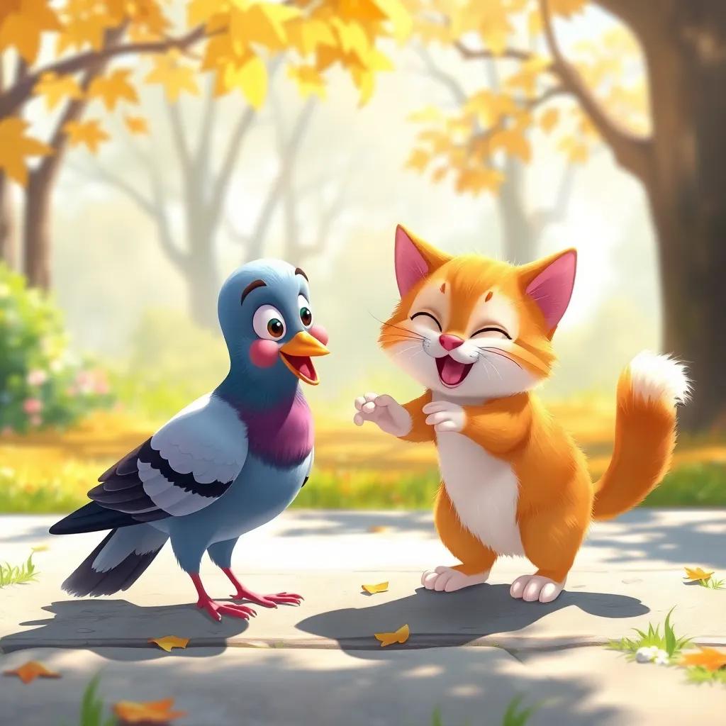 Polly the pigeon and Cuddles the cat, playing together in their sunny park, a friendship that shines bright, digital painting, lively colors, heartwarming scene, high quality