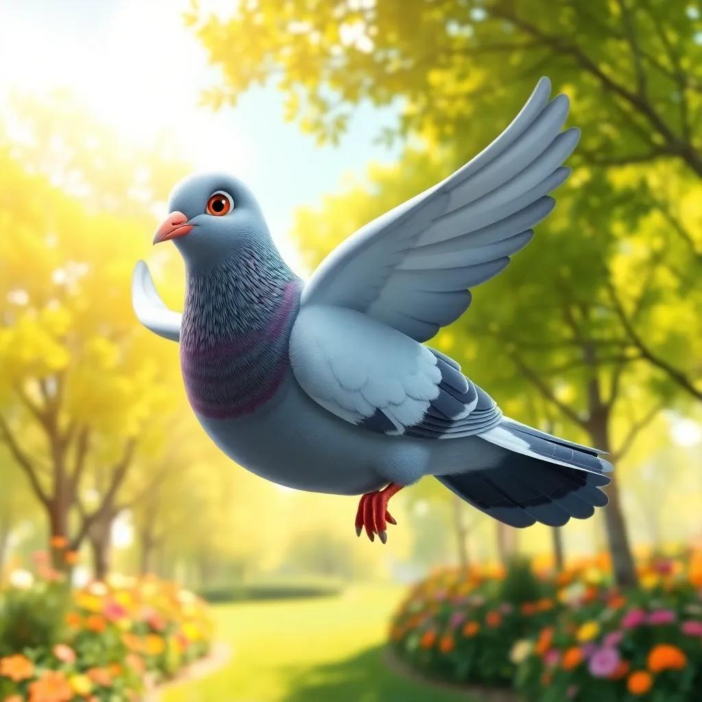 A brave pigeon named Penny with soft gray feathers and bright eyes, flying high in a sunny park with green trees and colorful flowers, digital art, cheerful, bright colors, dynamic view, detailed, high quality
