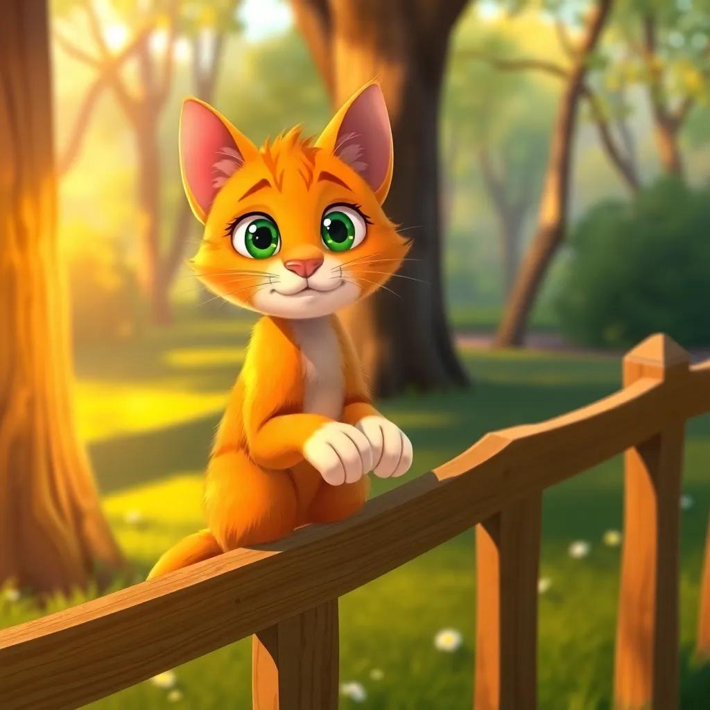 A clever orange cat named Charlie with white paws sitting on a wooden fence in the park, looking curiously towards the viewer with wide green eyes, illustration, warm light, soft colors, inviting atmosphere, child-friendly