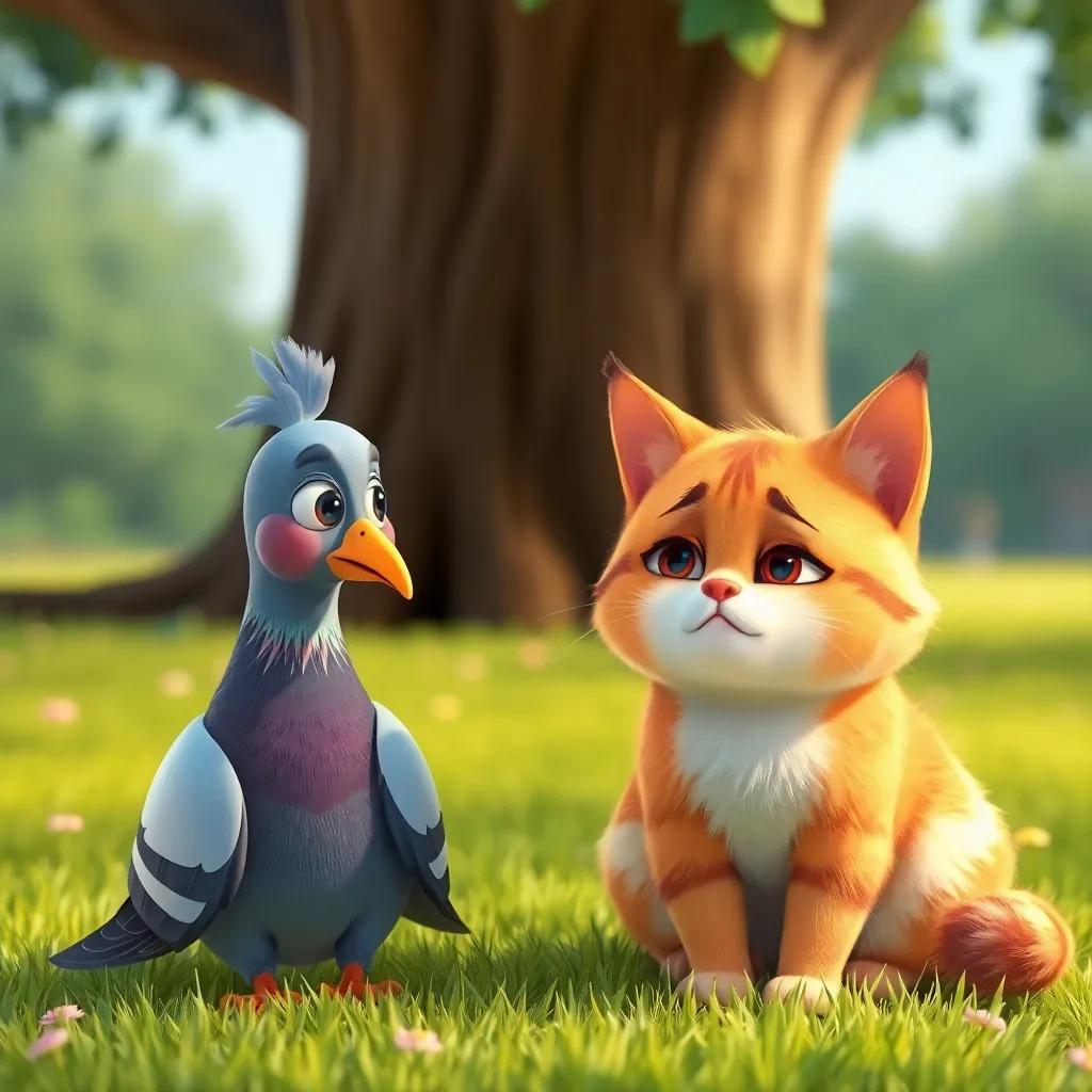 A close-up of Penny the pigeon looking concerned at Charlie the cat, who has a sad expression, both sitting on the grass under a big tree, soft and friendly art style, colorful, cheerful ambiance, detailed, heartwarming